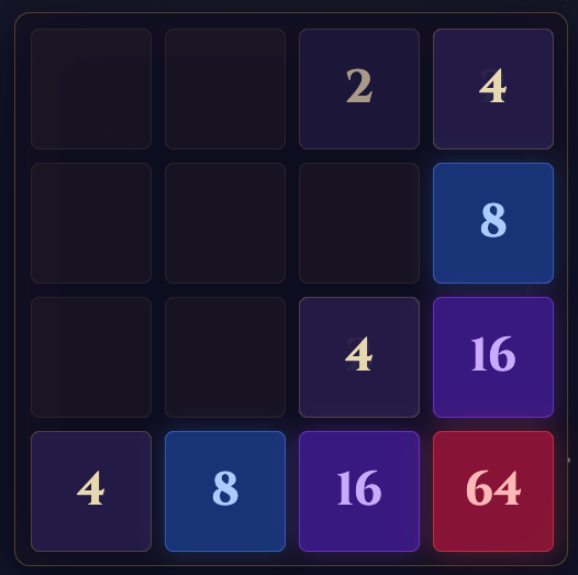 2048 board showing corner lock strategy with tiles arranged in a staircase pattern