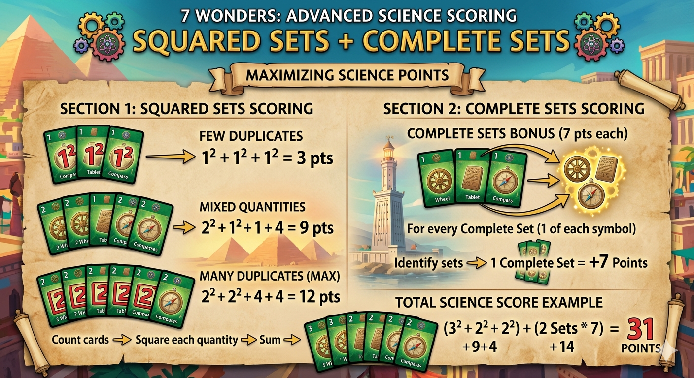 7 Wonders science scoring infographic: squared sets plus complete sets formula illustrated with compass, gear, and tablet symbol examples