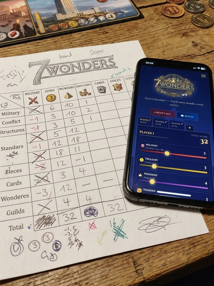 7 Wonders paper scoresheet next to a phone running a digital scoring app