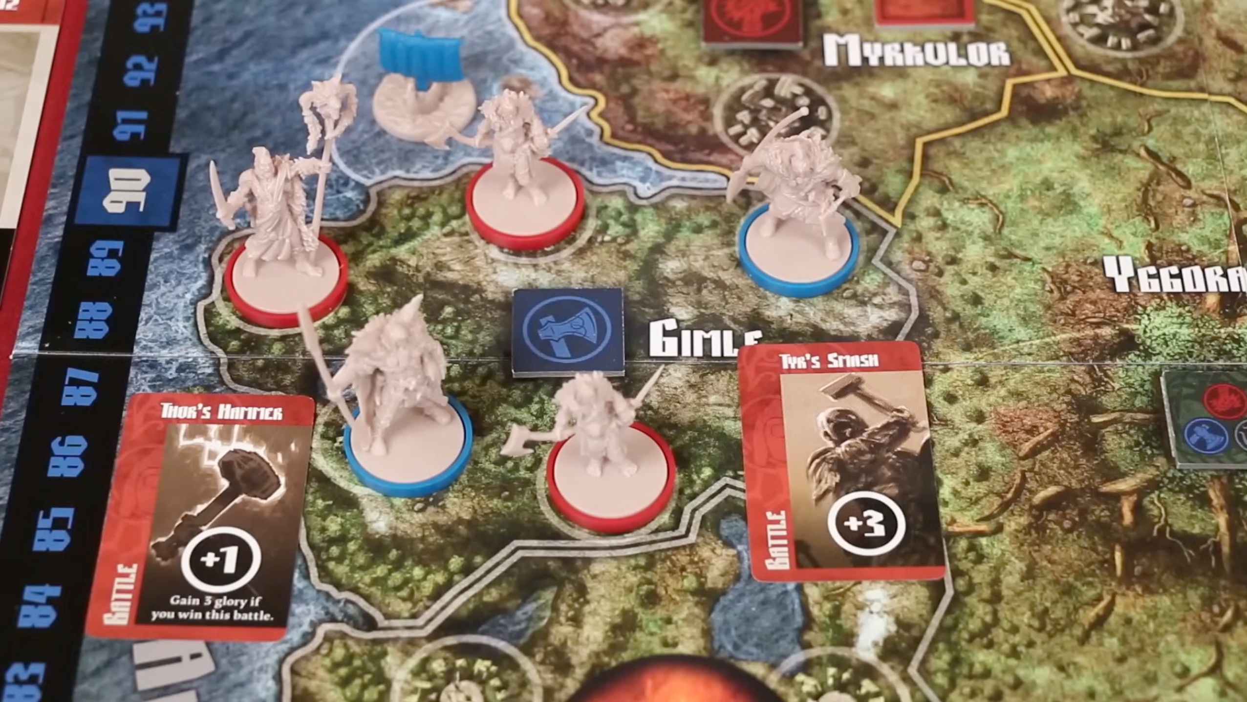 Blood Rage board game in play - Viking clan miniatures on the Norse provinces map