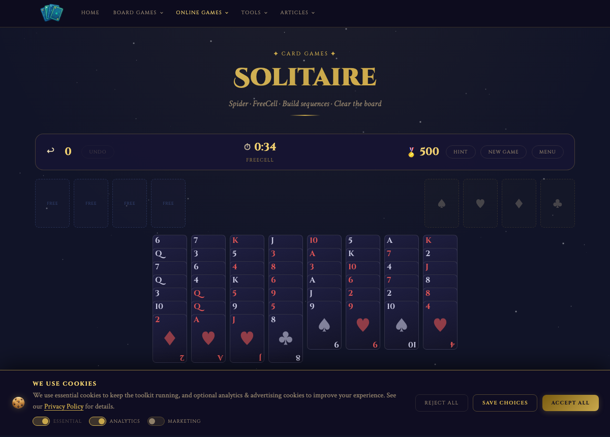 Mid-game FreeCell — managing free cells and tableau sequences