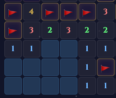 Minesweeper zero-zone cascade: a large area of blank cells opened automatically, with flags and numbers forming the boundary
