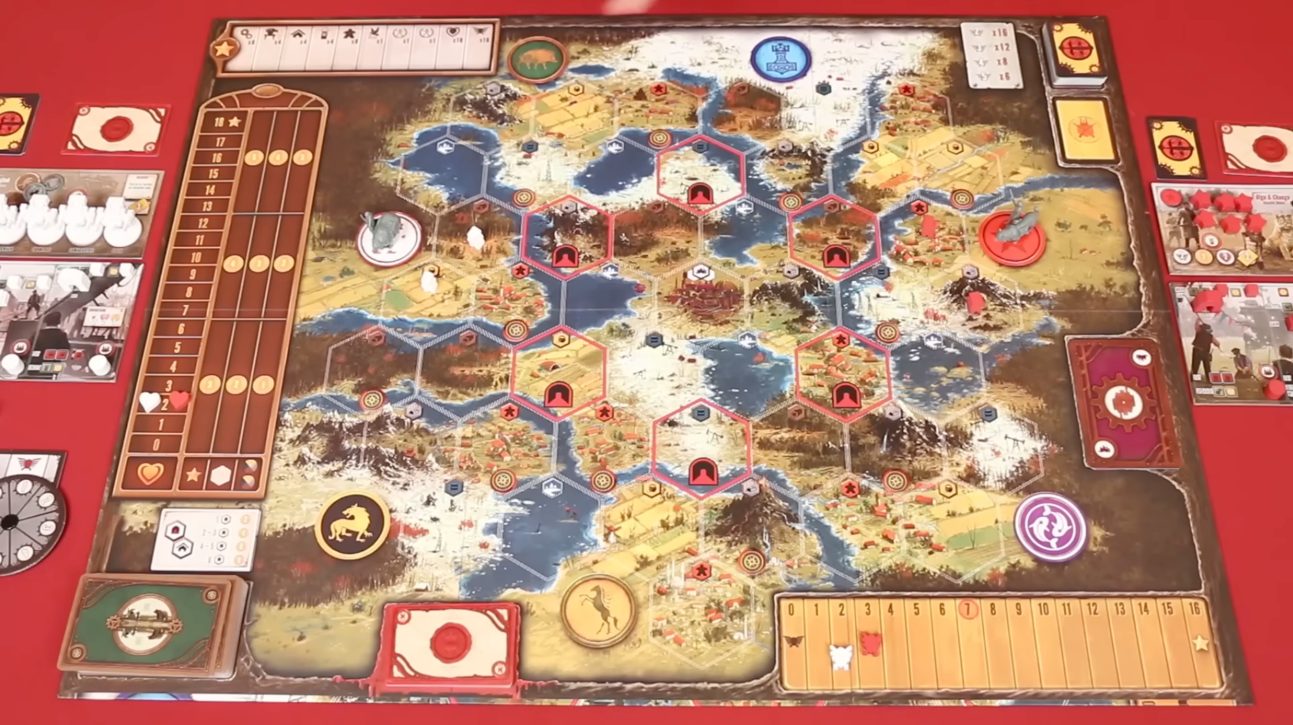 Scythe board game in play - 1920s alternate-history map with faction boards and mech miniatures