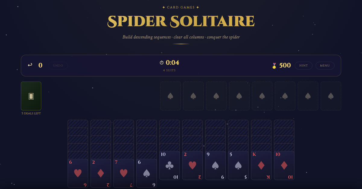 Spider Solitaire 4-Suit game showing mixed suits across all ten columns