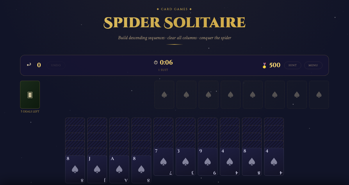 Spider Solitaire 1-Suit game showing the initial tableau — face-down columns with top cards revealed
