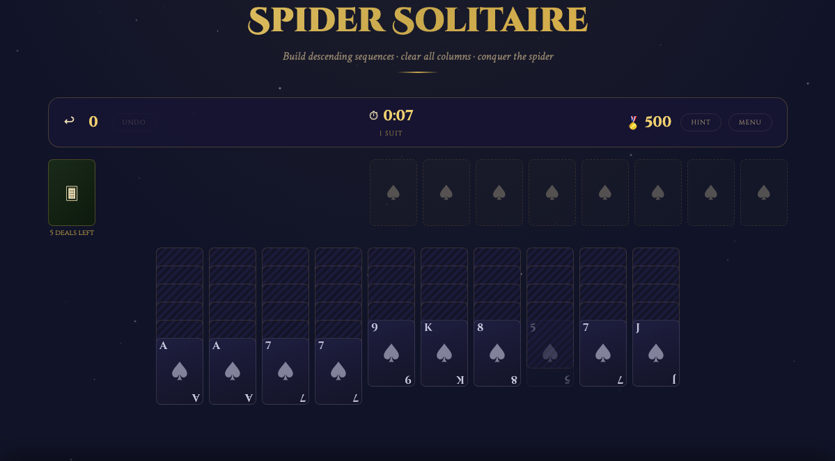 Spider Solitaire mid-game — face-up cards across columns with the stock pile visible bottom-left