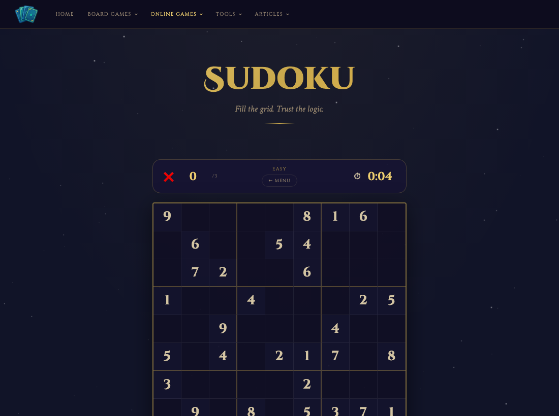 Sudoku game in progress on Game Night Pro — Easy difficulty showing given clues and the header with mistake counter and timer