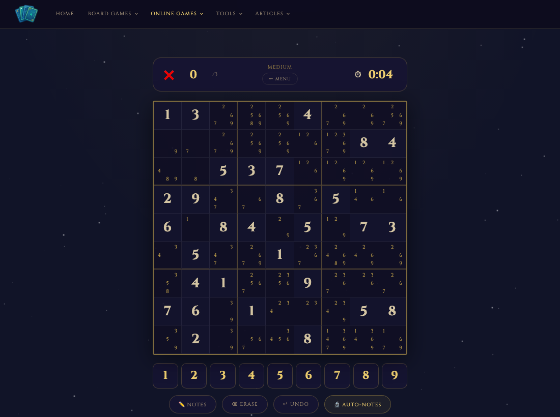 The Sudoku game board in Game Night Pro with Auto-Notes active, showing pencil candidates in every empty cell