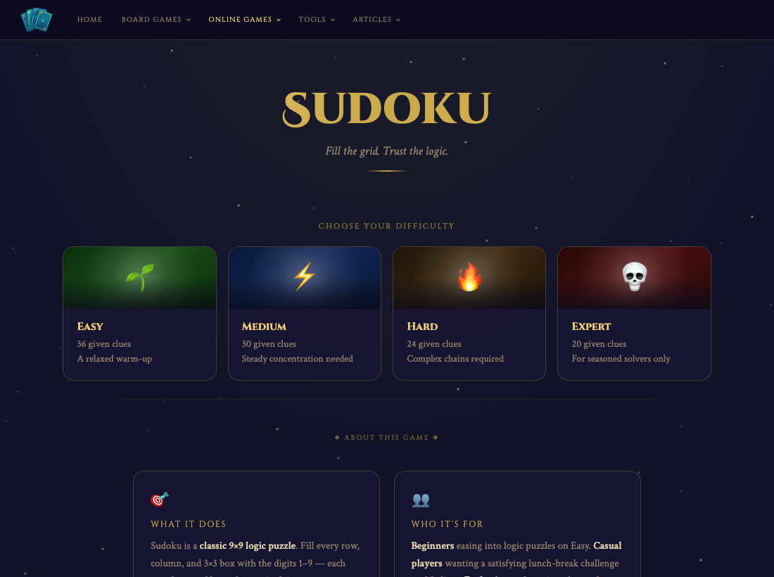 The Sudoku difficulty selection screen on Game Night Pro — Easy, Medium, Hard, Expert